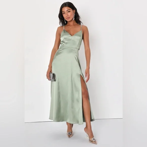 Lulus | Dresses | Always Audacious Sage Green Satin Tieback Midi Dress |  Poshmark